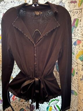 Black silver lurex trimmer draw waist cardigan